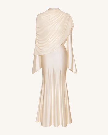 Sheer Shawl Ruched Bodycon Maxi Gown - Cream