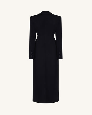Structured Shoulder Fitted Lapel Maxi Coat - Black