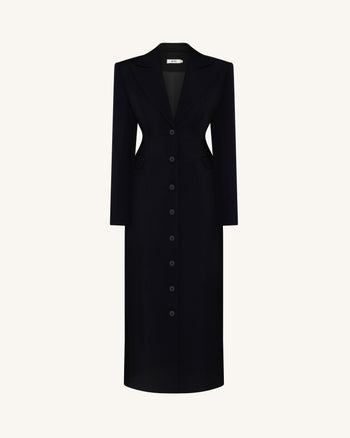 Structured Shoulder Fitted Lapel Maxi Coat - Black