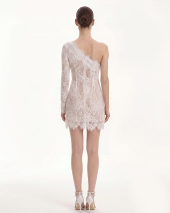 One Shoulder Lace Mini Dress - White