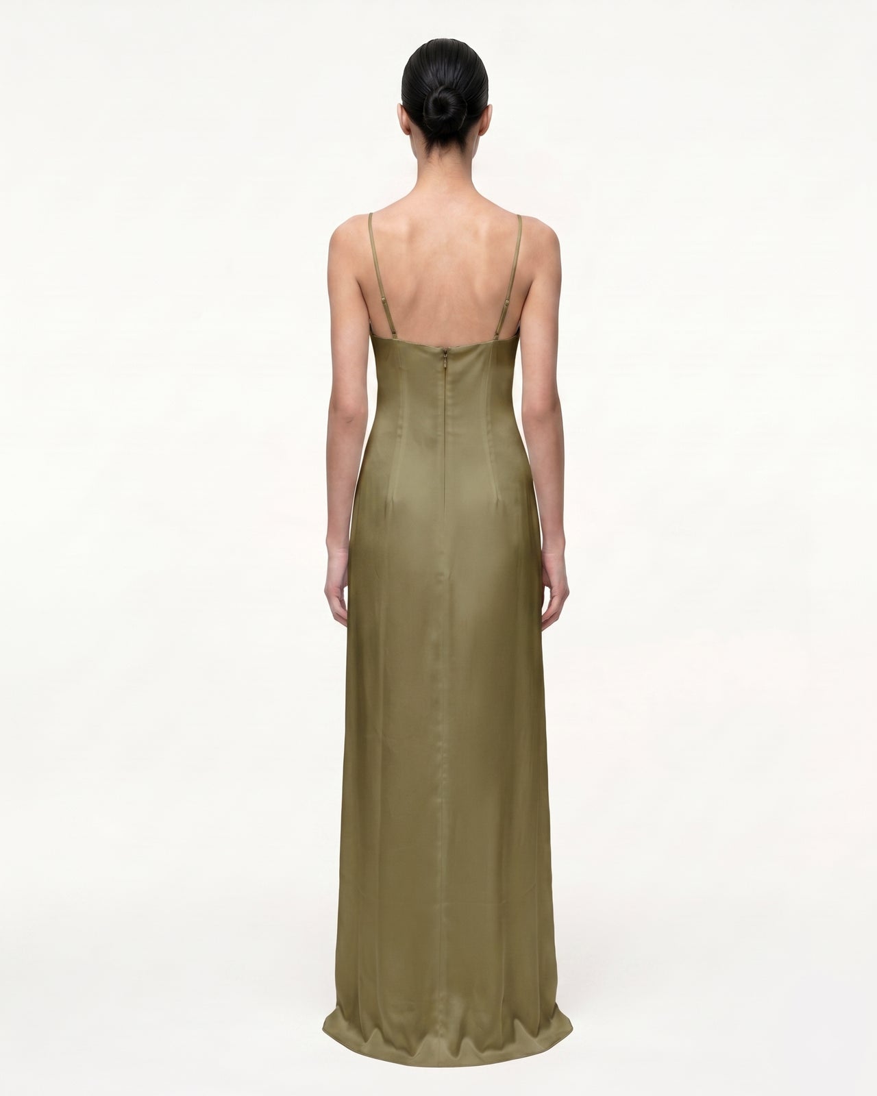 Iris Motif Satin Slip Gown - Olive Green