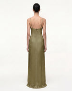Iris Motif Satin Slip Gown - Olive Green