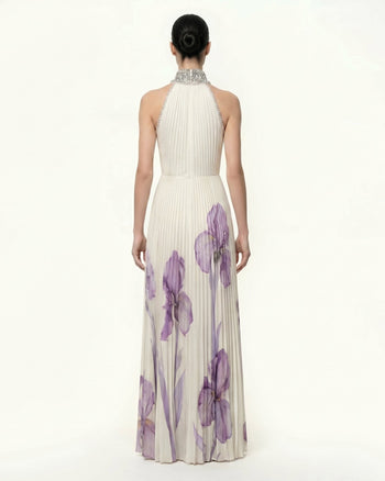 Jeweled-neck Halter Pleated Iris Print Maxi Dress - White/Purple