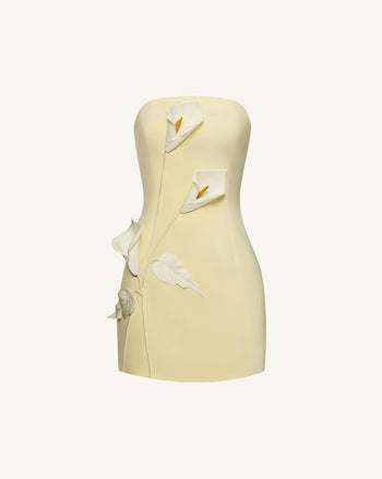 Strapless Floral Appliqué Dress - Yellow