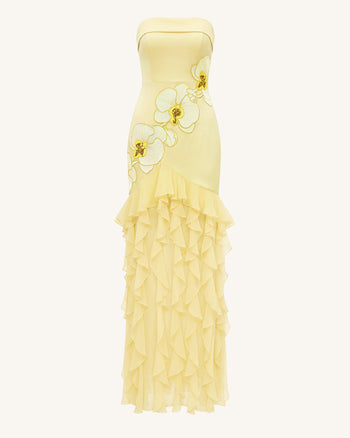 Orchid Embroidered Ruffled Strapless Maxi Dress - Pale Yellow