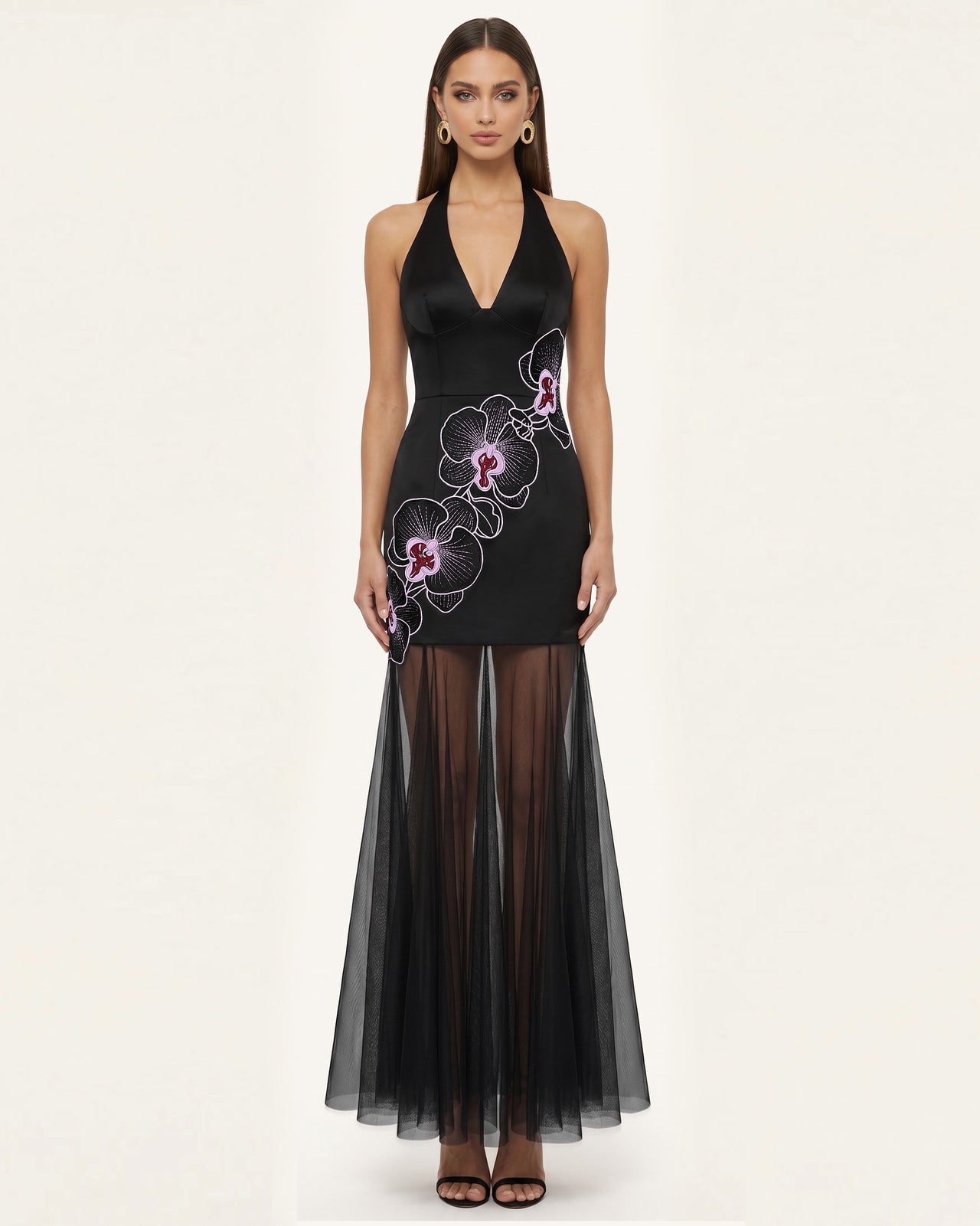 Orchid Embroidered Sheer Hem Halter Maxi Dress-  Black Purple