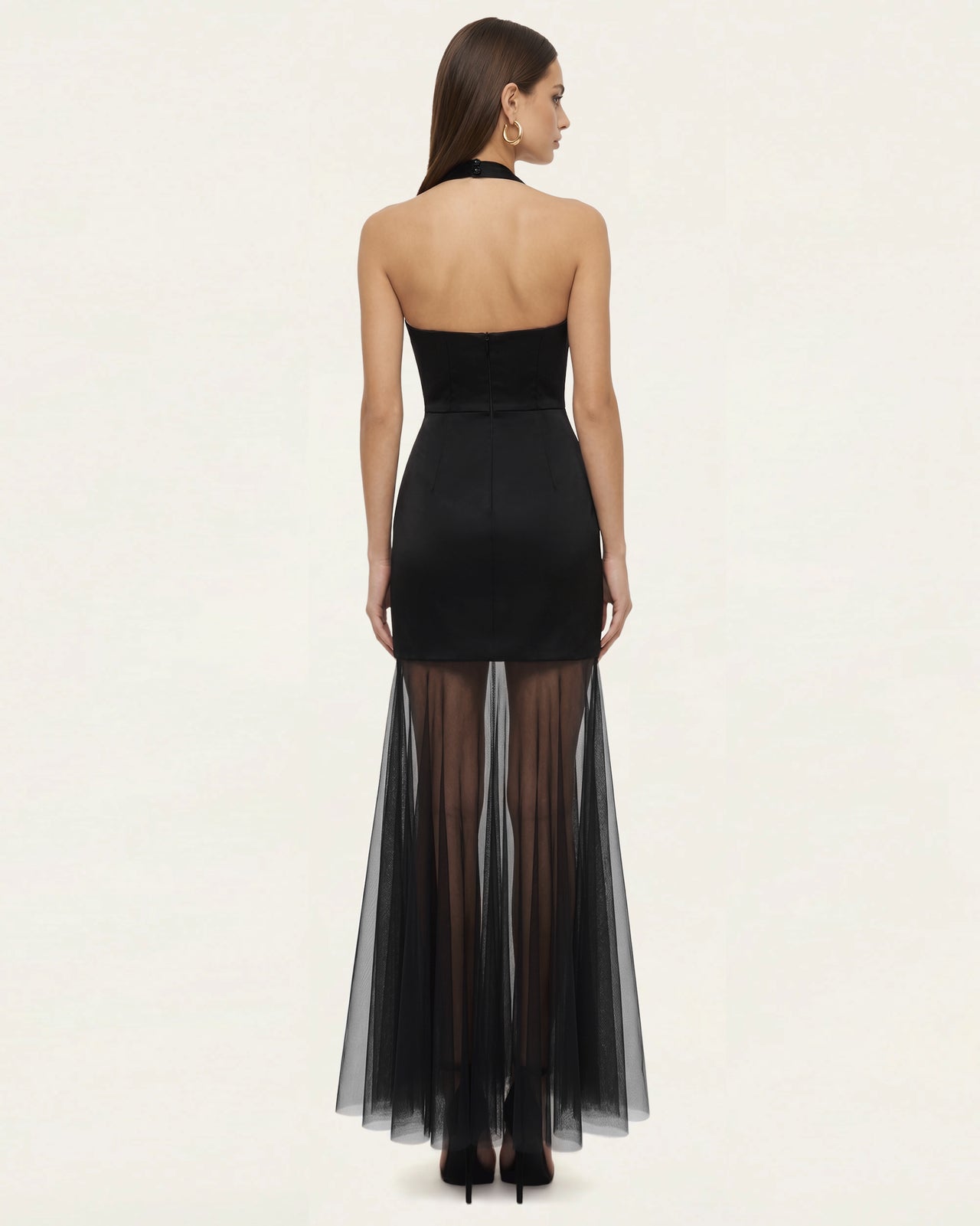 Orchid Embroidered Sheer Hem Halter Maxi Dress-  Black Purple