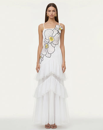 Orchid Embroidered Ruffled Tulle Strapless Maxi Dress - White