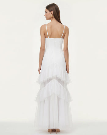 Orchid Embroidered Ruffled Tulle Strapless Maxi Dress - White