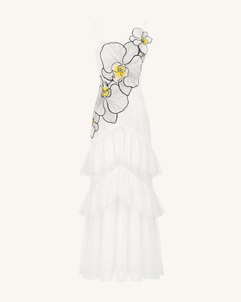 Orchid Embroidered Ruffled Tulle Strapless Maxi Dress - White