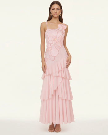 Orchid Embroidered Ruffled One-Shoulder Maxi Dress - Blush Pink