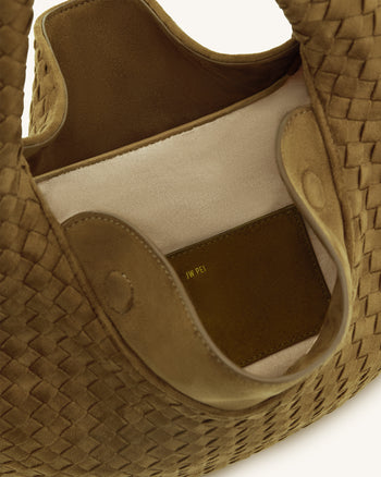 Nola Faux Suede Woven Hobo Shoulder Bag - Olive Green