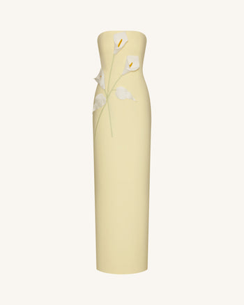 Floral Appliqué Strapless Dress - Yellow