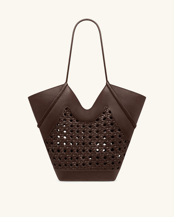 Maribel Woven Panel Tote Bag - Dark Brown