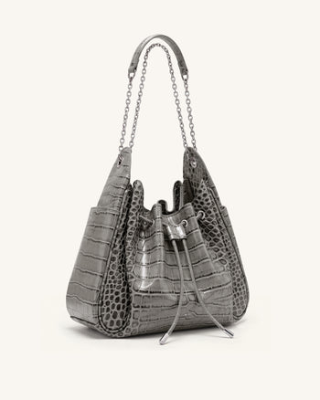 Rowan Ruched Drawstring Chain Bucket Bag - Grey Croc