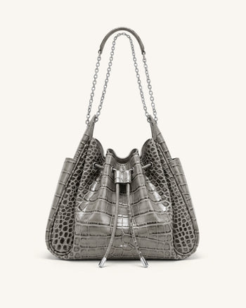 Rowan Ruched Drawstring Chain Bucket Bag - Grey Croc