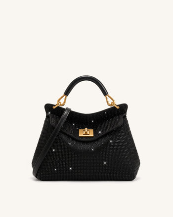 Lucia Classic Artificial Crystal Top Handle Bag - Black