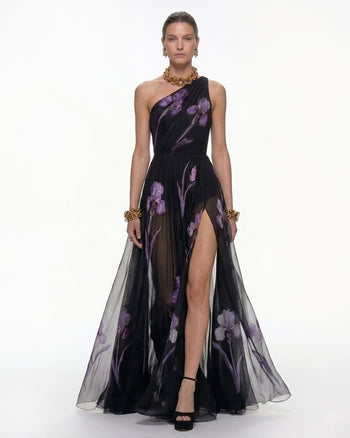 Floral One Shoulder Maxi Dress - Black