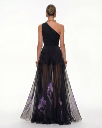 Floral One Shoulder Maxi Dress - Black