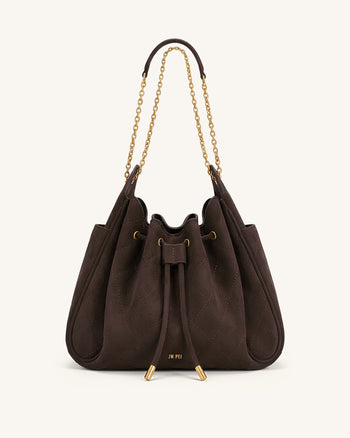 Rowan Faux Suede Quilted Chain Bucket Bag - Dark Brown