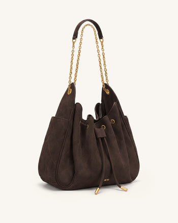 Rowan Faux Suede Quilted Chain Bucket Bag - Dark Brown