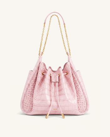 Rowan Ruched Drawstring Chain Bucket Bag - Pink Croc