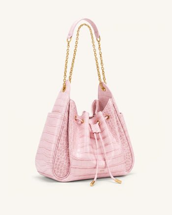 Rowan Ruched Drawstring Chain Bucket Bag - Pink Croc