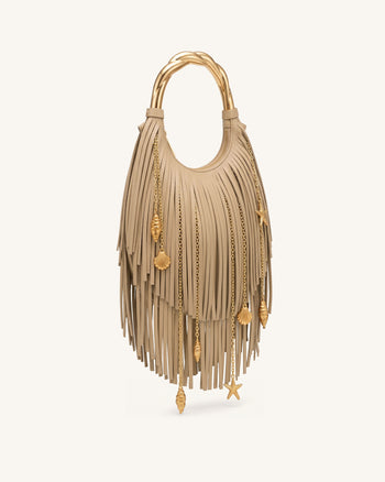 Chlorie Metal Handle Fringe Top Handbag - Khaki