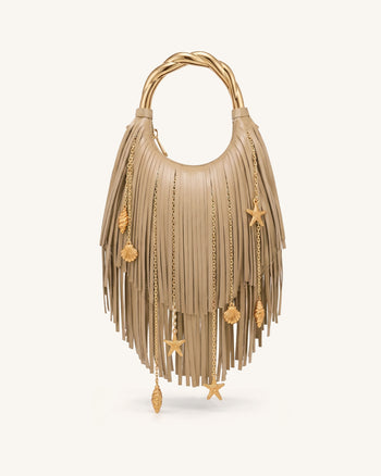 Chlorie Metal Handle Fringe Top Handbag - Khaki