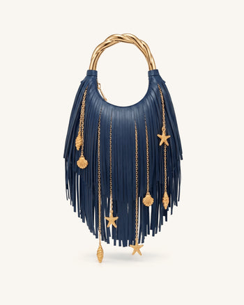 Chlorie Metal Handle Fringe Top Handbag - Navy Blue