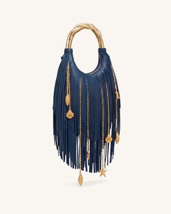 Chlorie Metal Handle Fringe Top Handbag - Navy Blue