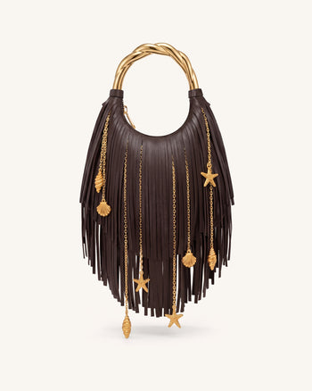 Chlorie Metal Handle Fringe Top Handbag - Dark Brown