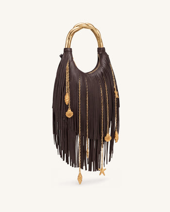 Chlorie Metal Handle Fringe Top Handbag - Dark Brown