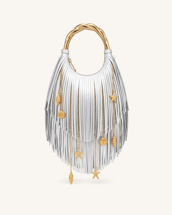 Chlorie Metal Handle Fringe Top Handbag - Silver