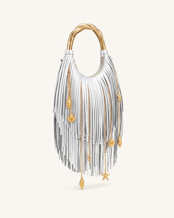 Chlorie Metal Handle Fringe Top Handbag - Silver