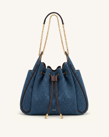 Rowan Ruched Drawstring Chain Bucket Bag - Dark Blue Denim