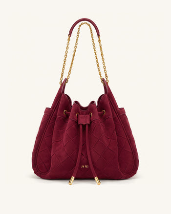 Rowan Faux Suede Weaving Ruched Drawstring Chain Bucket Bag - Dark Cherry