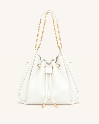 Rowan Ruched Drawstring Chain Bucket Bag - Ivory
