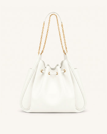 Rowan Ruched Drawstring Chain Bucket Bag - Ivory