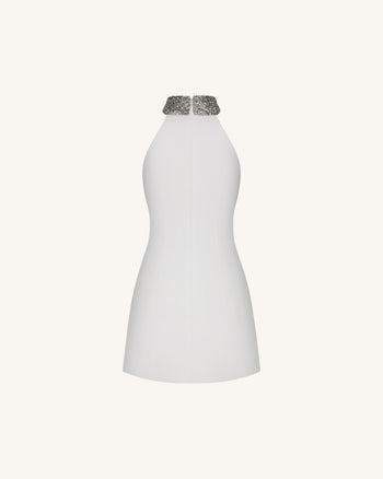 Jeweled Halter Iris Motif Dress - White