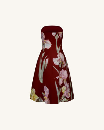 Iris Floral Print Strapless A-Line Dress - Burgundy