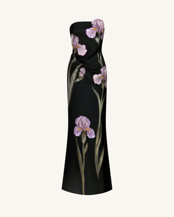 Iris Floral-Appliqué Strapless Maxi Dress - Black