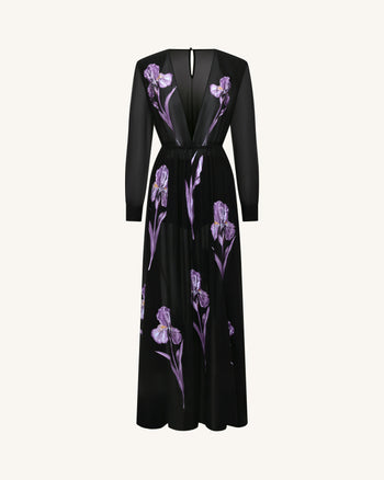 Iris Floral Print Long-Sleeve Sheer Gown - Black/Purple