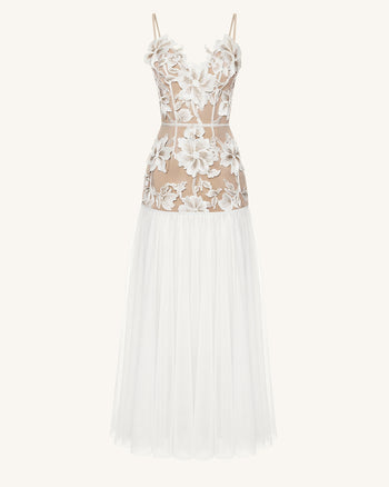 Floral Appliqué Sheer Tulle Maxi Dress - White
