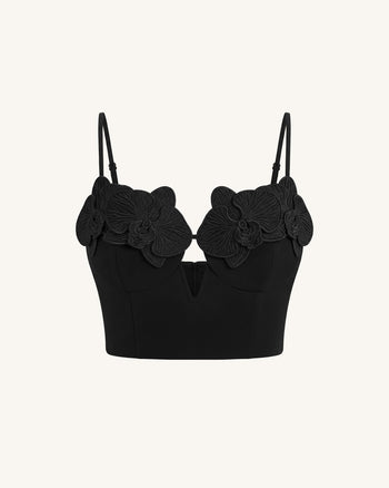 Orchid Embroidered Appliqué Corset Bustier Top - Black