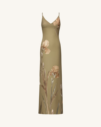 Iris Motif Satin Slip Gown - Olive Green