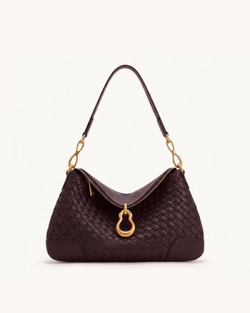 Jayla Metal Pendant Embellished Woven Shoulder Bag - Deep Burgundy