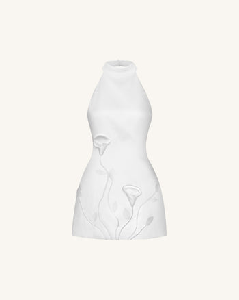 3D Floral Halter Mini Dress - White