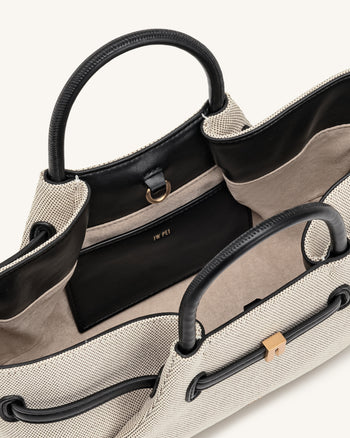 Maeve Dachshund Metal Charm Tote Bag - Black Canvasa
