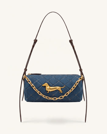 Lucienne Dachshund Quilted Chain Shoulder Bag - Blue Denim